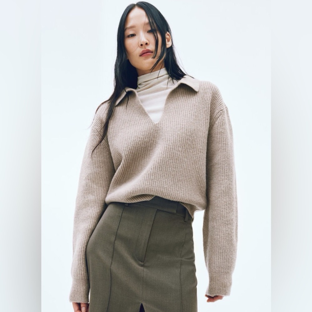 H&M rib-knit wool-blend sweater with collar in taupe